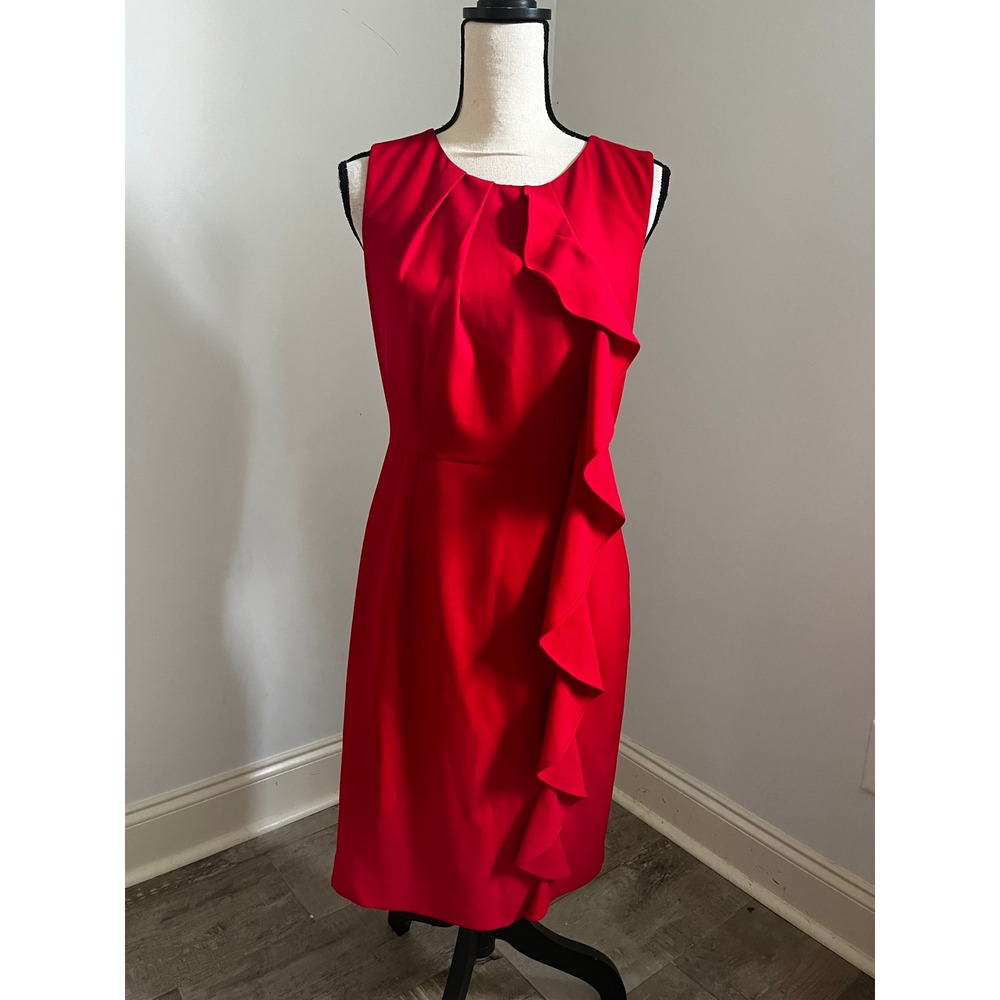 Calvin Klein Red Ruffle Sheath Dress size 6 Minimalist Office Chic Preppy Career